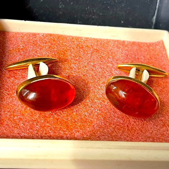 VTG Gold Plated Retro Cufflinks CUFF LINKS With Amber Baltic Kaliningrad - Picture 1 of 7